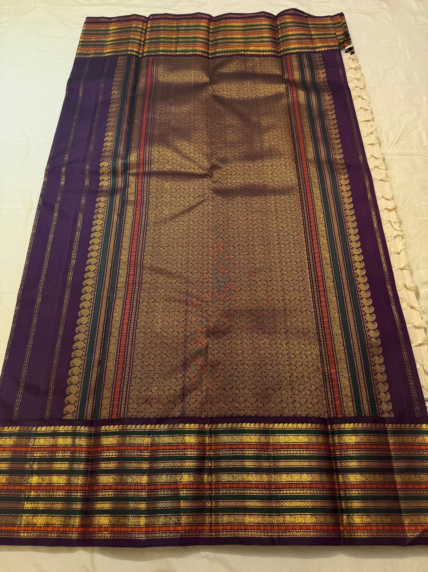 Multi-colour varisaipet border detail on cream ivory handwoven Kanchipuram pure silk saree — Idam Living