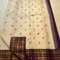 Two-colour royal purple and pink silk thread butta close-up on cream ivory Kanchipuram pure silk saree — Idam Living