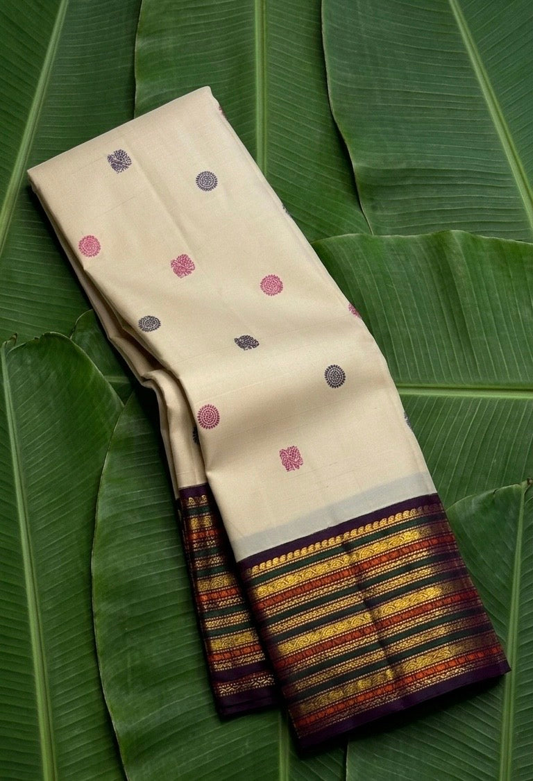Cream ivory handwoven Kancheepuram pure silk saree with silk thread mayil chakram butta and varisaipet border — Idam Living