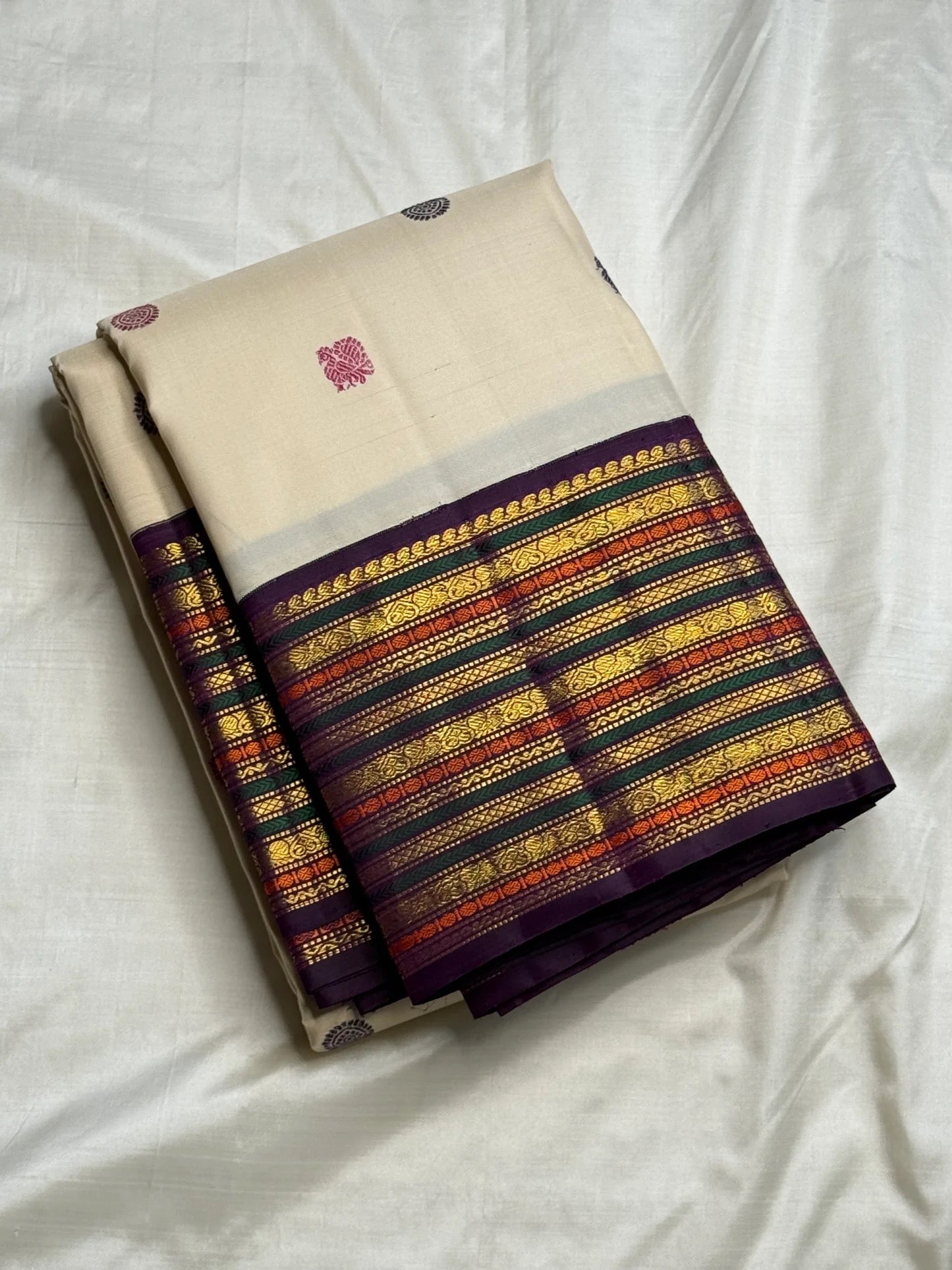Varisaipet multi-colour stripe pallu on cream ivory Kancheepuram pure silk saree — Idam Living