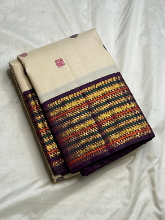 Varisaipet multi-colour stripe pallu on cream ivory Kancheepuram pure silk saree — Idam Living