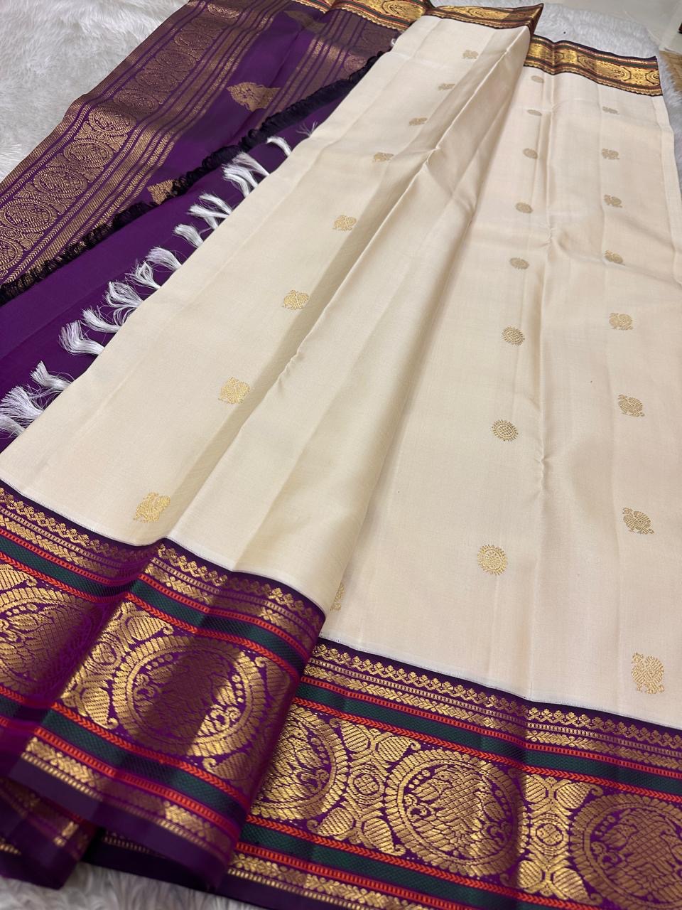 Cream Kancheepuram silk saree with lightweight Korvai purple border and Gandaberunda pallu — Idam Living