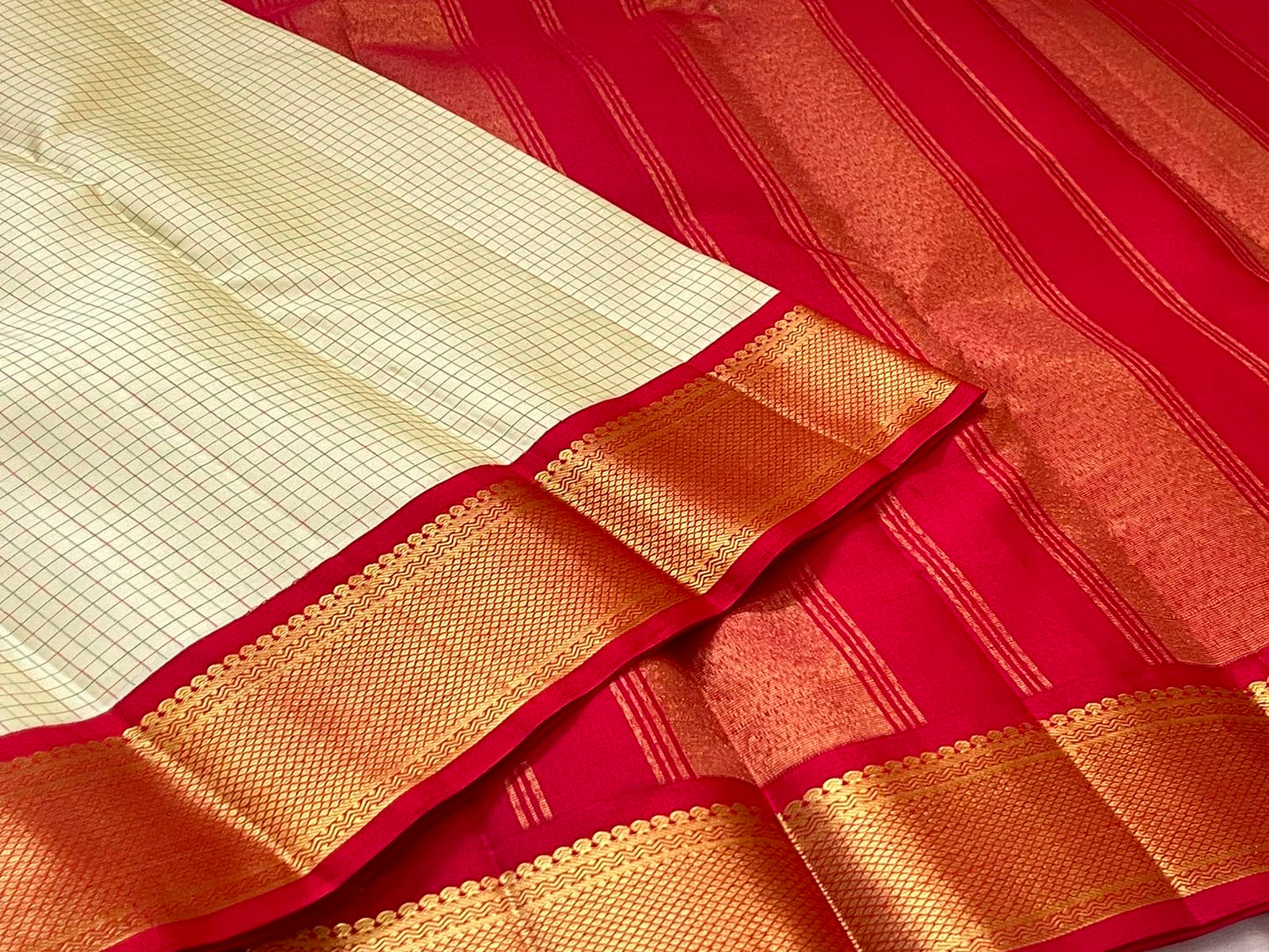 Cream and red pure silk Kancheepuram saree with Kanchi Kattam checks — Idam Living