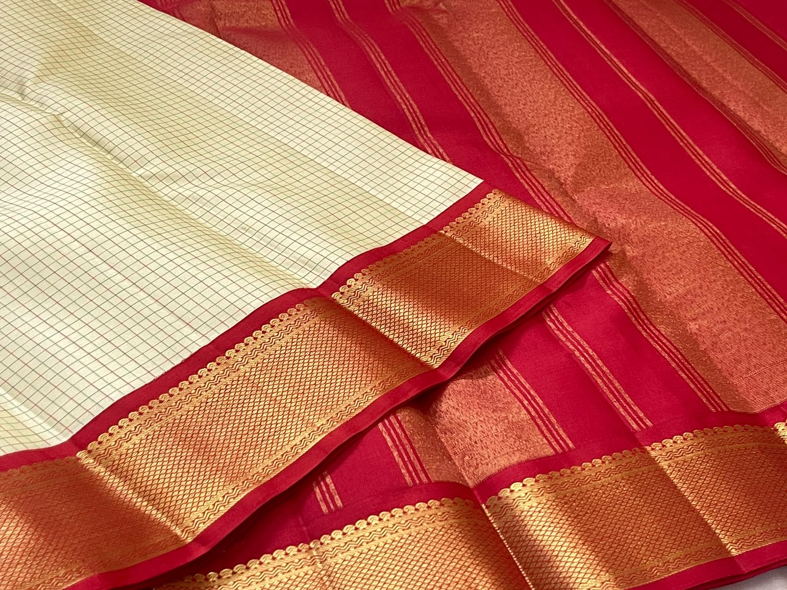 Cream and red pure silk Kancheepuram saree with Kanchi Kattam checks — Idam Living