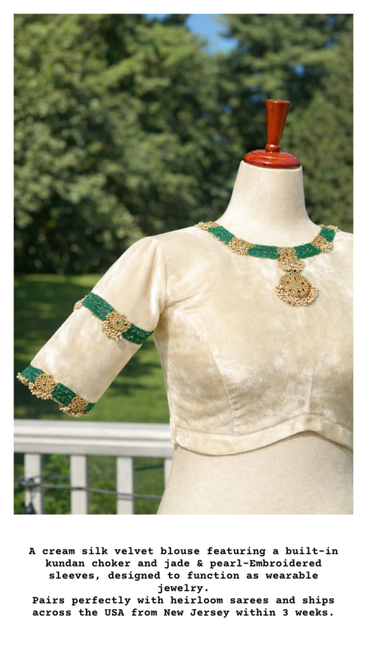 Cream silk velvet kundan choker jeweled blouse with green beadwork