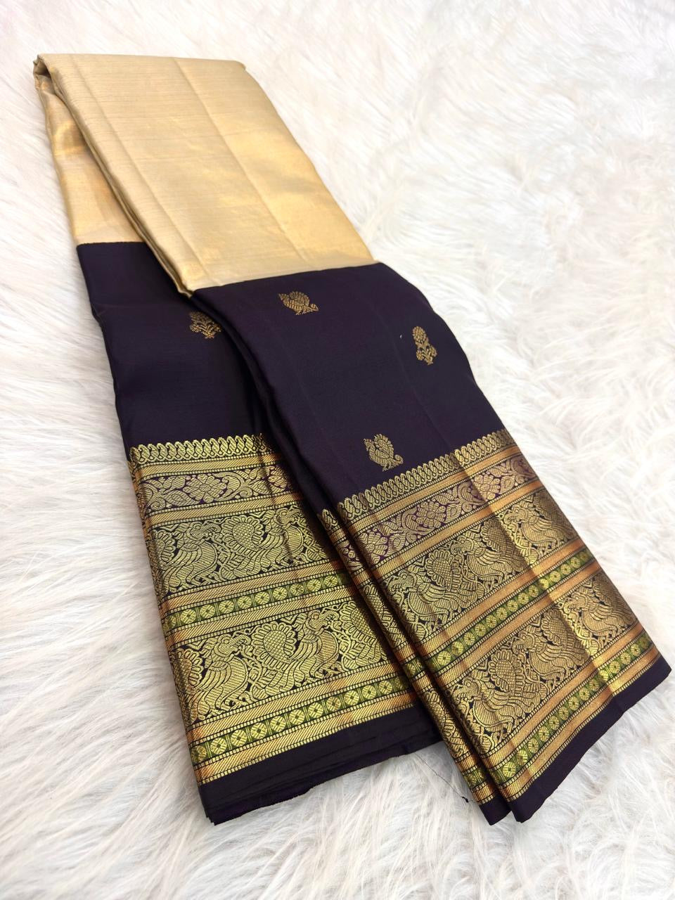 Kanchipuram cream Kancheepuram tissue silk saree