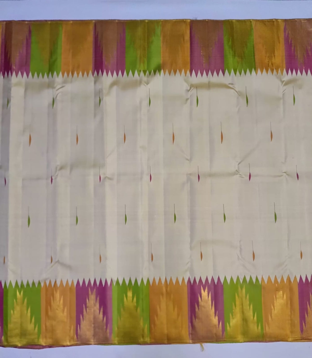 Cream White Handwoven Pure Silk Kancheepuram Ettukol Saree with Multicolour Korvai Temple Border