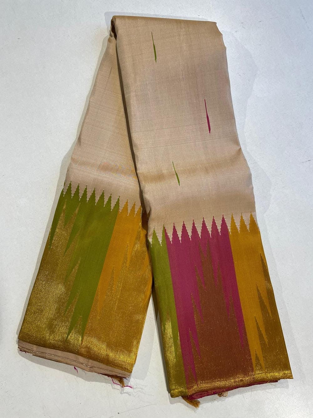 Cream White Handwoven Pure Silk Kancheepuram Ettukol Saree with Multicolour Korvai Temple Border