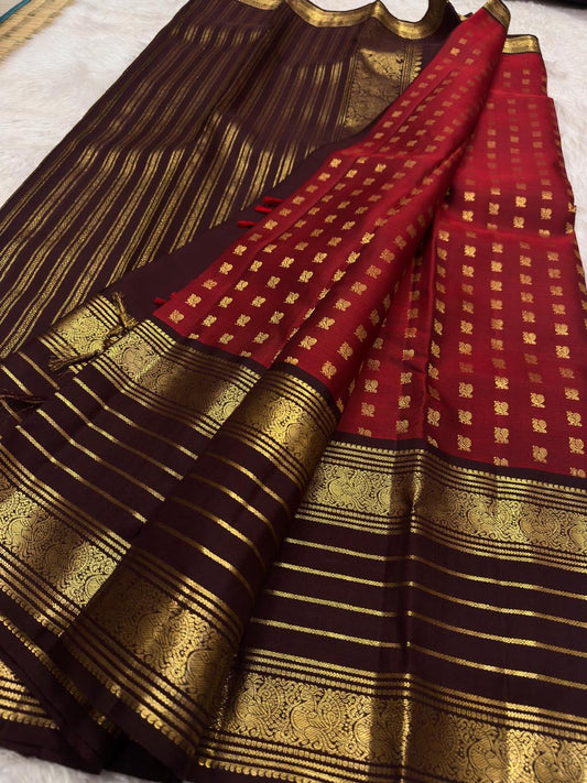 Grand pallu with gold zari peacocks on crimson Kanchipuram silk saree