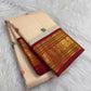 Warm Ivory Handwoven Pure Silk Kanchipuram Saree with Deep Crimson Varisaipet Border