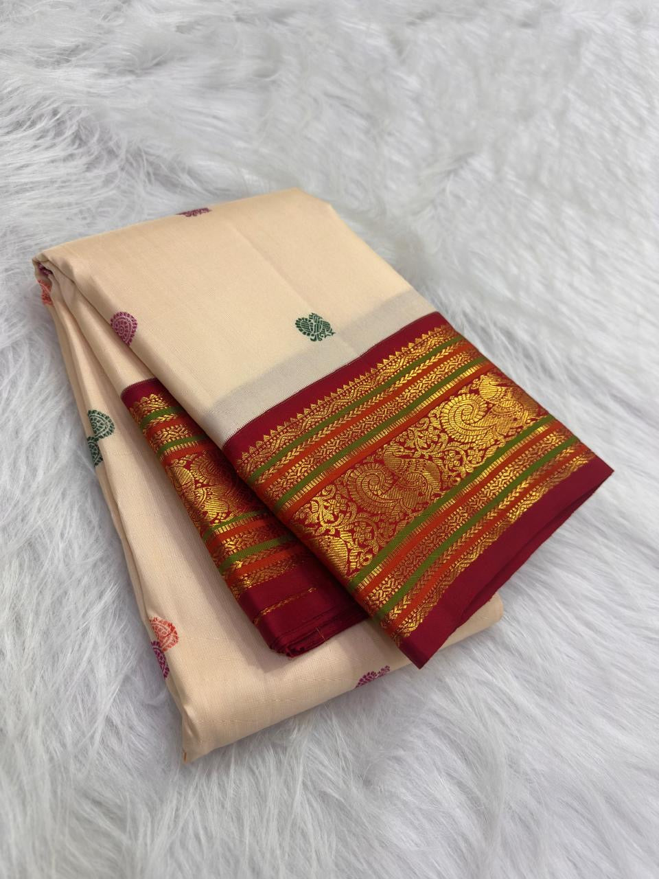 Warm Ivory Handwoven Pure Silk Kanchipuram Saree with Deep Crimson Varisaipet Border