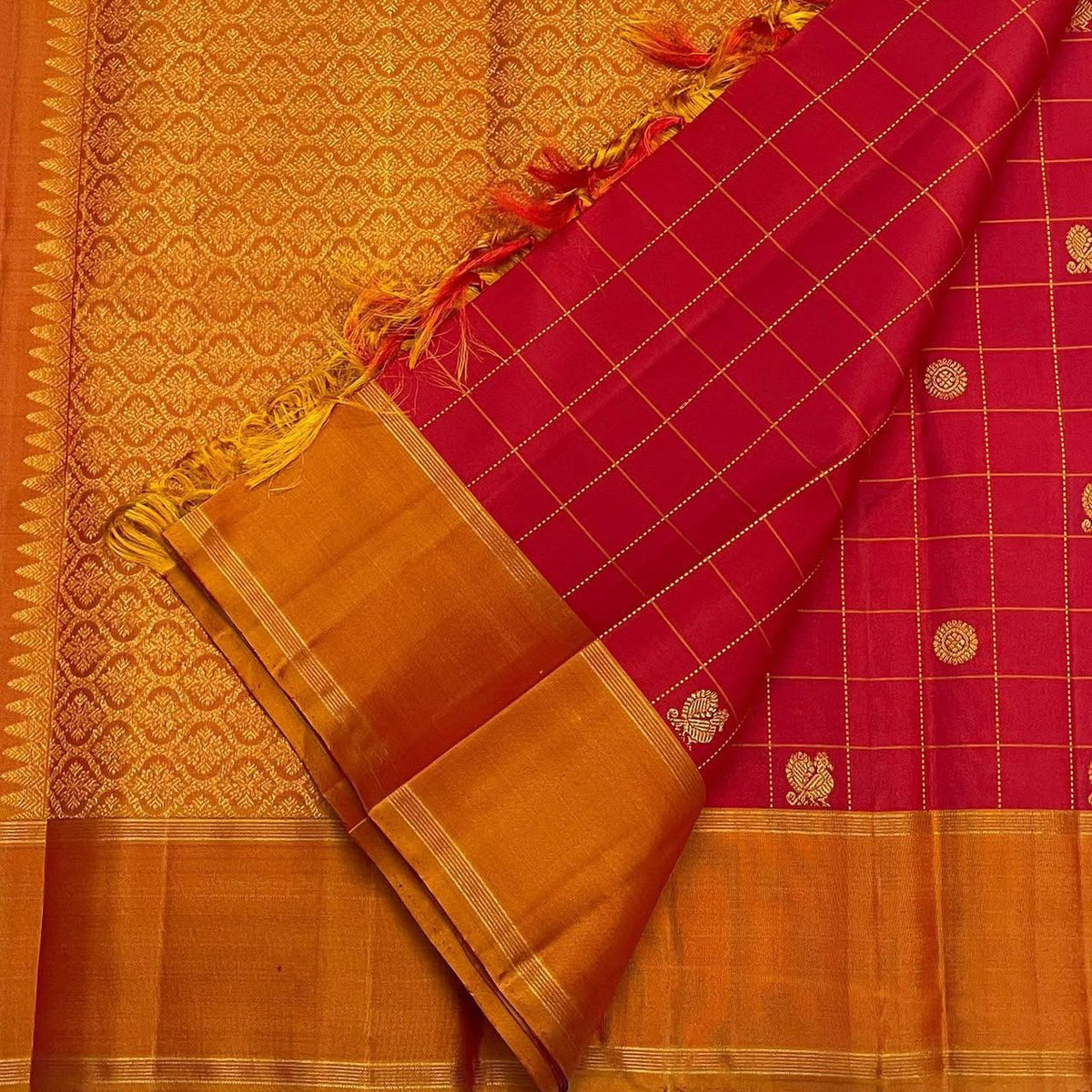 Crimson Red Handwoven Pure Silk Kanchipuram Zari Kattam Saree with Burnished Orange Gold Zari Pallu