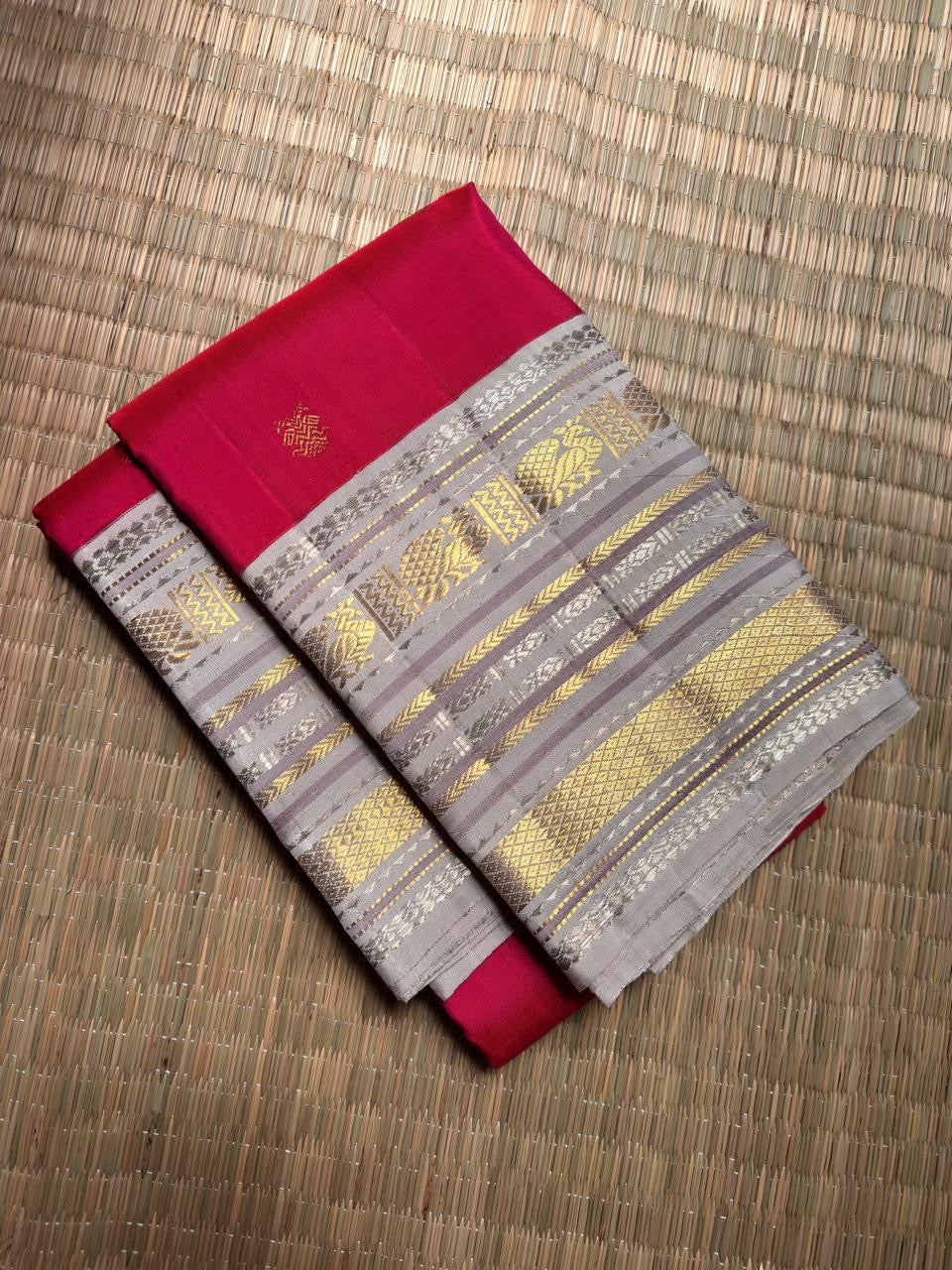 Crimson handwoven pure silk Kanchipuram saree with gold zari buttas — full saree overview — Idam Living