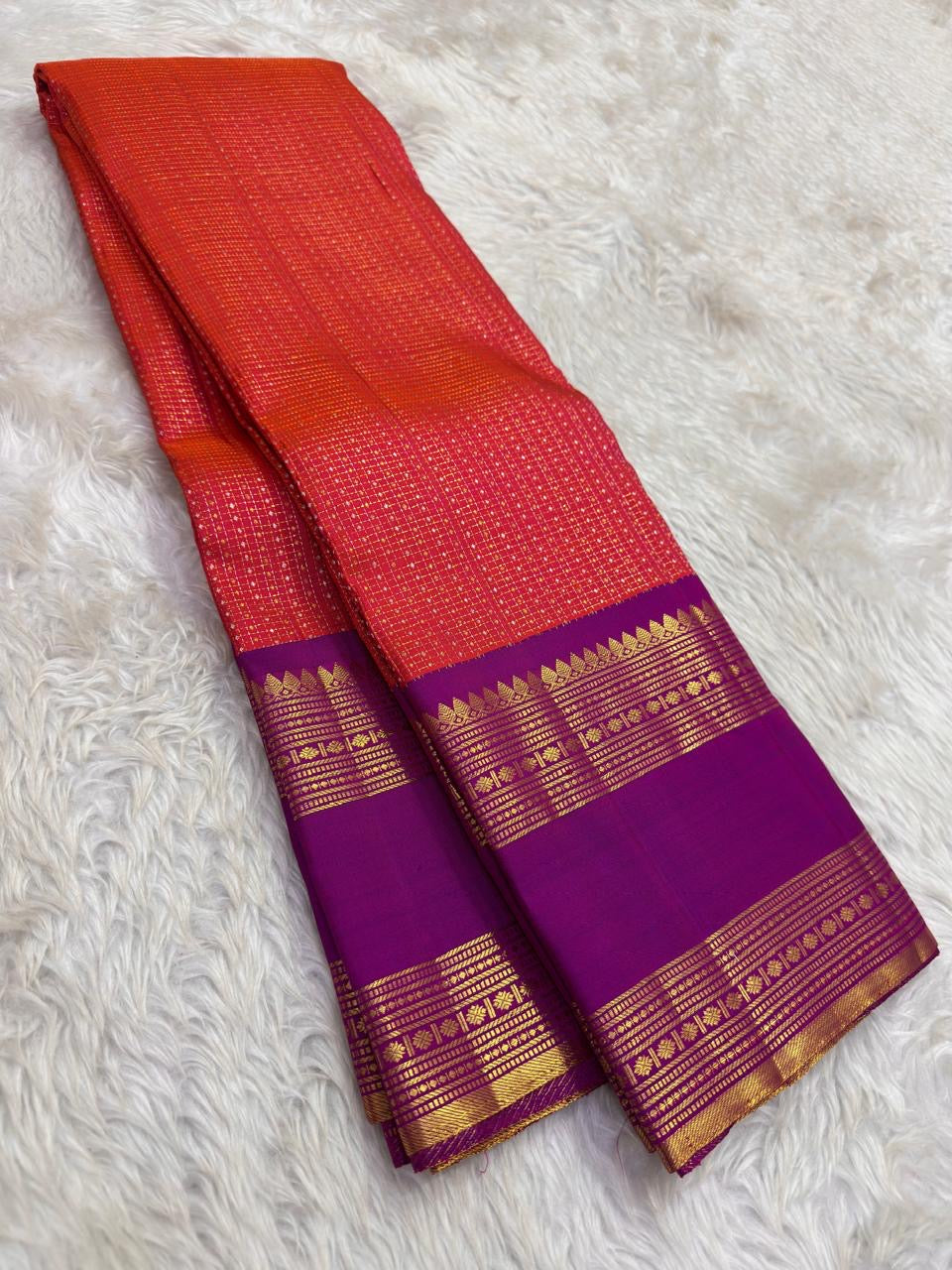 Crimson and Maroon Handwoven Pure Silk Kanchipuram Saree with Maanga Butta and Sorgavaasal Mayil Rettapet Border