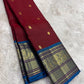 Crimson Maroon Kanchipuram Silk Saree with Peacock Blue Korvai Mayil Border