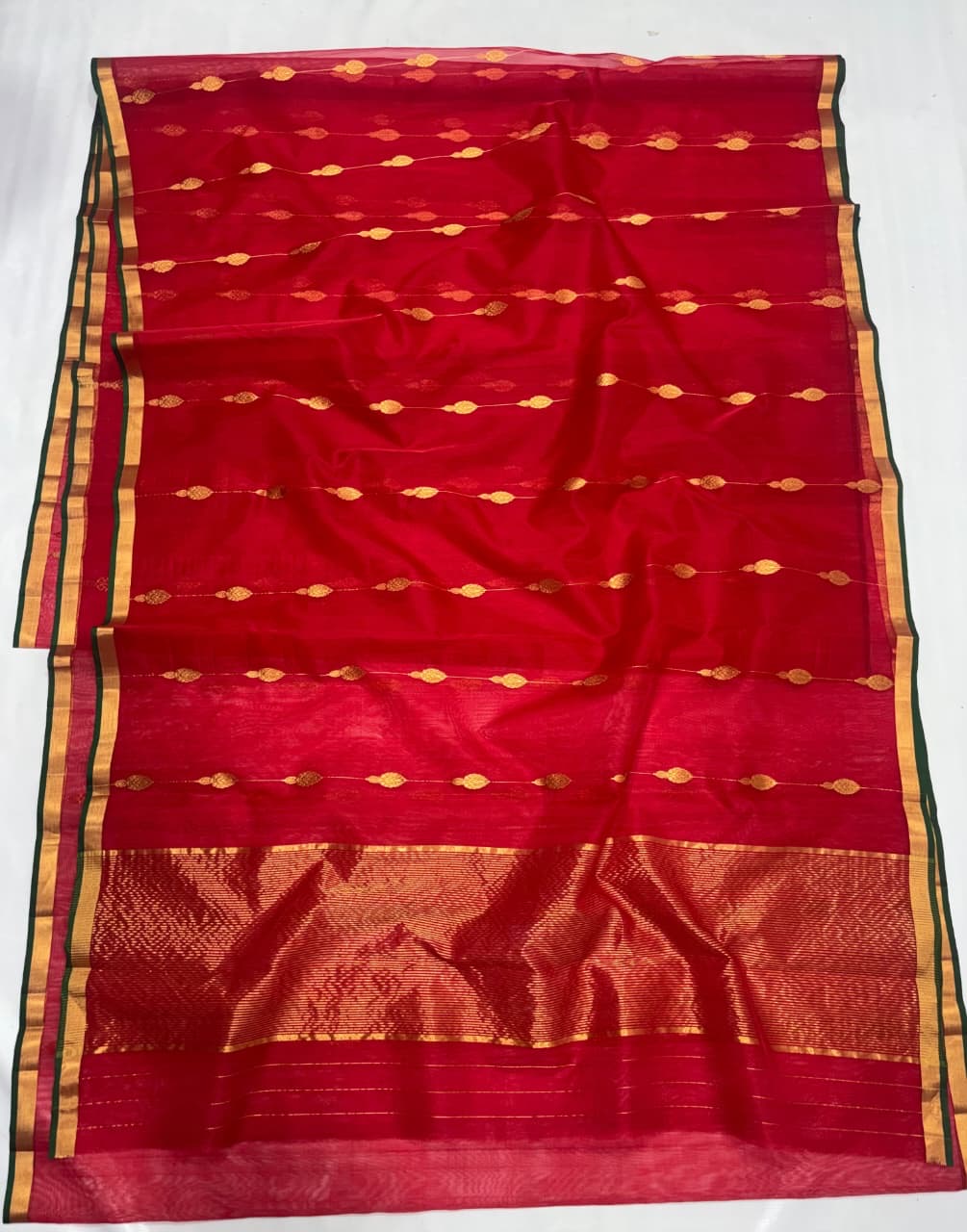 Crimson red and antique gold Katan Silk Chanderi saree by Idam Living