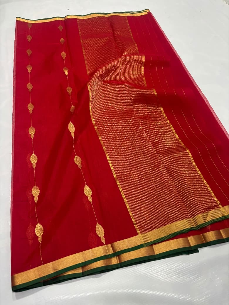 Gold woven buttas on crimson-red Katan Silk Chanderi