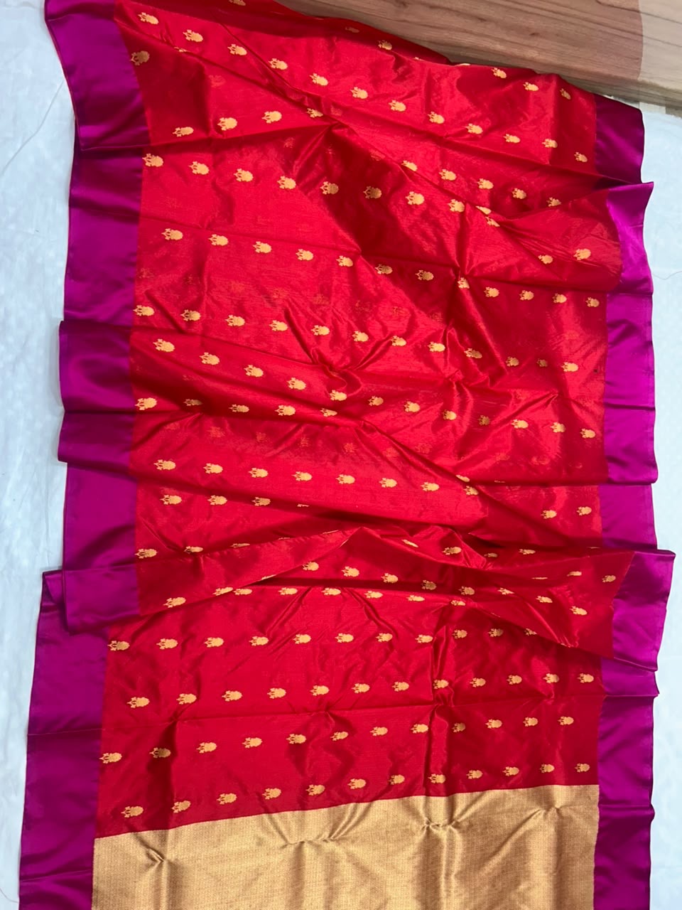 Red Chanderi with purple contrast borders