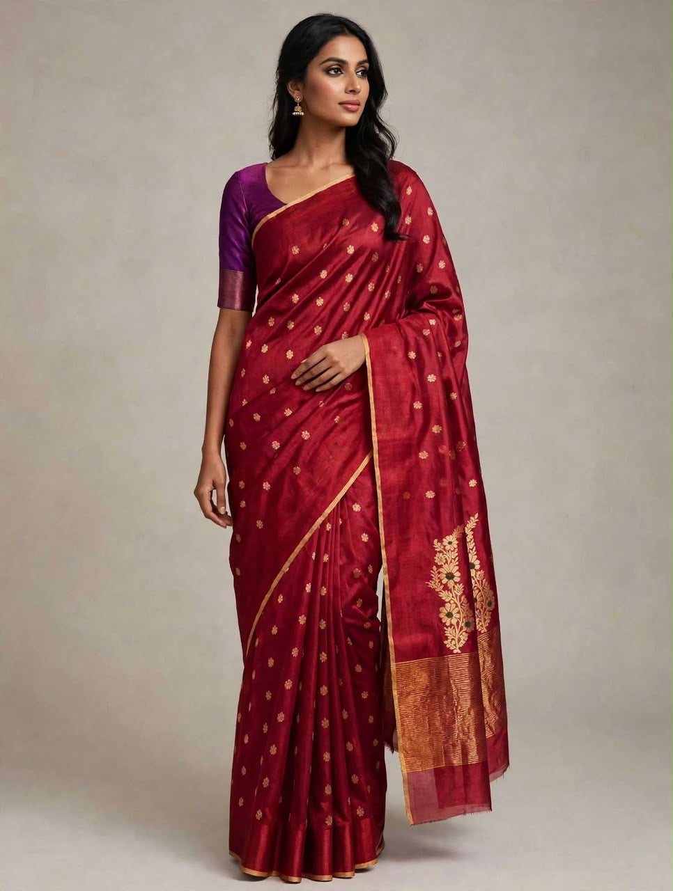 Crimson Red Chanderi Jari Silk saree showing scattered gold buttas, larger floral pallu motifs and metallic woven lines