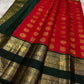 Kanchipattu silk saree in crimson red with deep emerald green border Rettapet Mayil Butta weave traditional zari detail