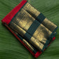 Kanchipuram silk saree in crimson red with deep emerald green border Rettapet Mayil Butta weave folded view