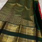 Kanchipattu silk saree in crimson red with deep emerald green border Rettapet Mayil Butta weave traditional zari detail