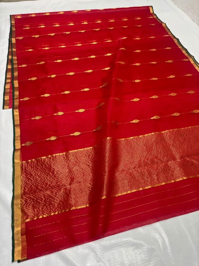 Crimson-red handloom Chanderi silk saree showing its drape