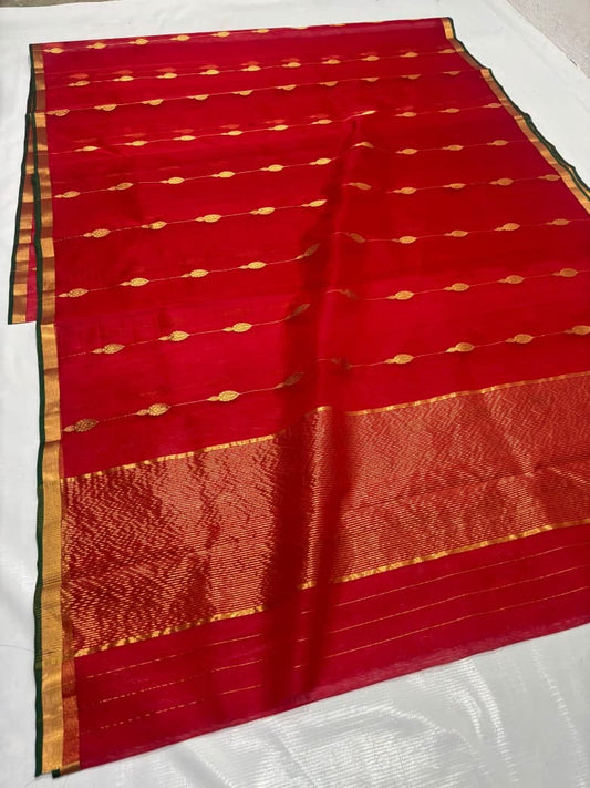Crimson-red handloom Chanderi silk saree showing its drape