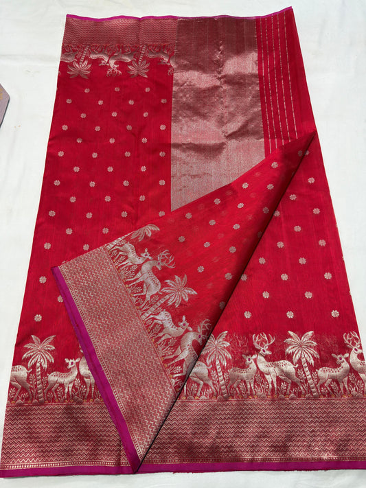 Handwoven crimson red Pattu Silk Chanderi saree
