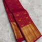 Crimson red handwoven pure silk Kanjeevaram saree with gold zari checks, full front view