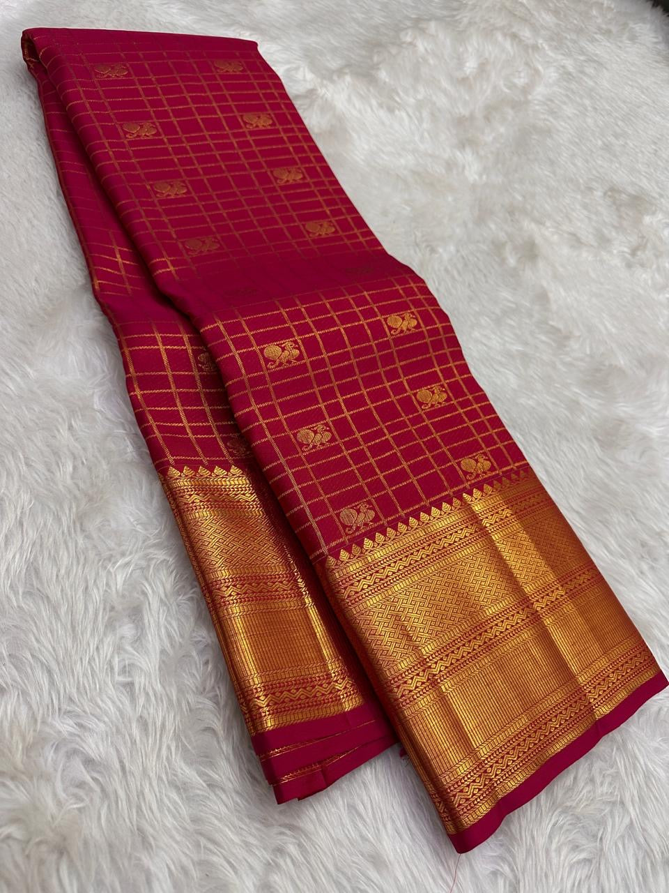 Crimson red handwoven pure silk Kanjeevaram saree with gold zari checks, full front view