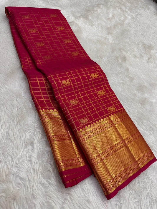 Crimson red handwoven pure silk Kanjeevaram saree with gold zari checks, full front view
