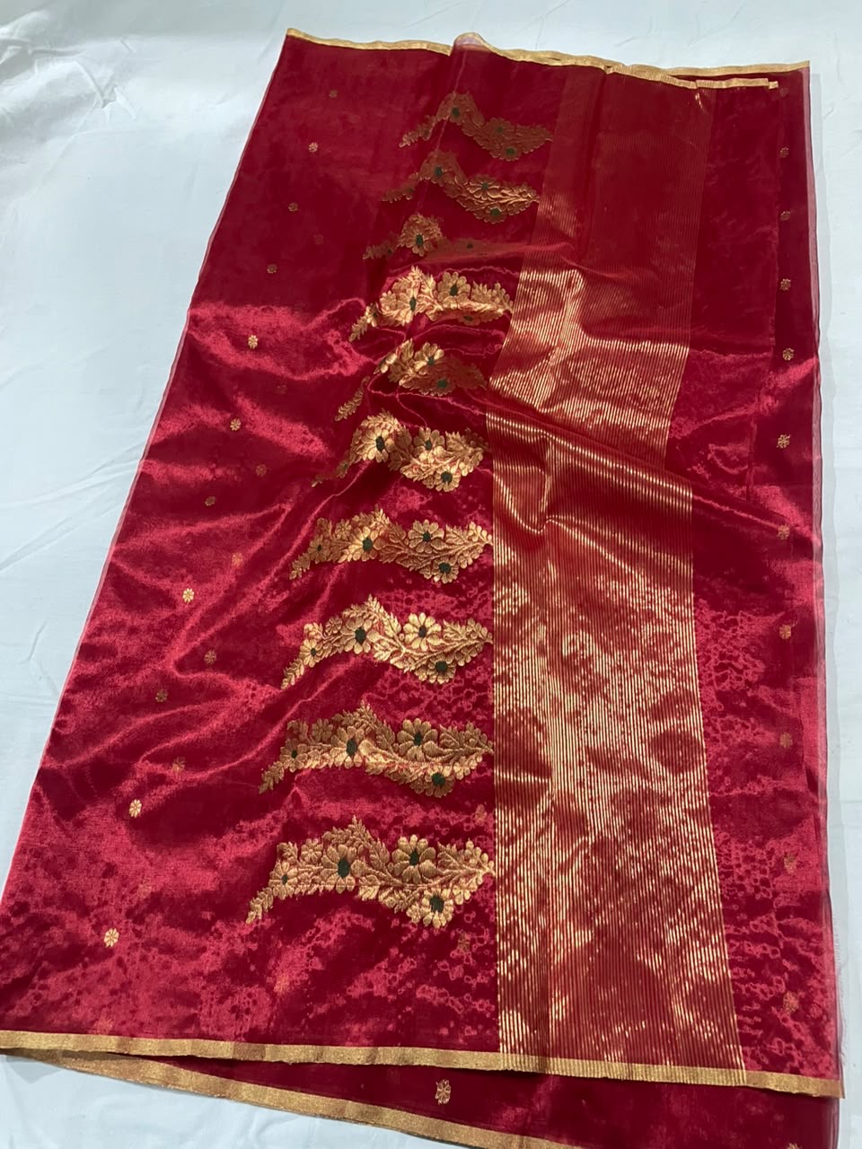 Crimson Red handloom Jari Silk Chanderi saree with gold floral buttas, ornamental floral pallu and fine gold border