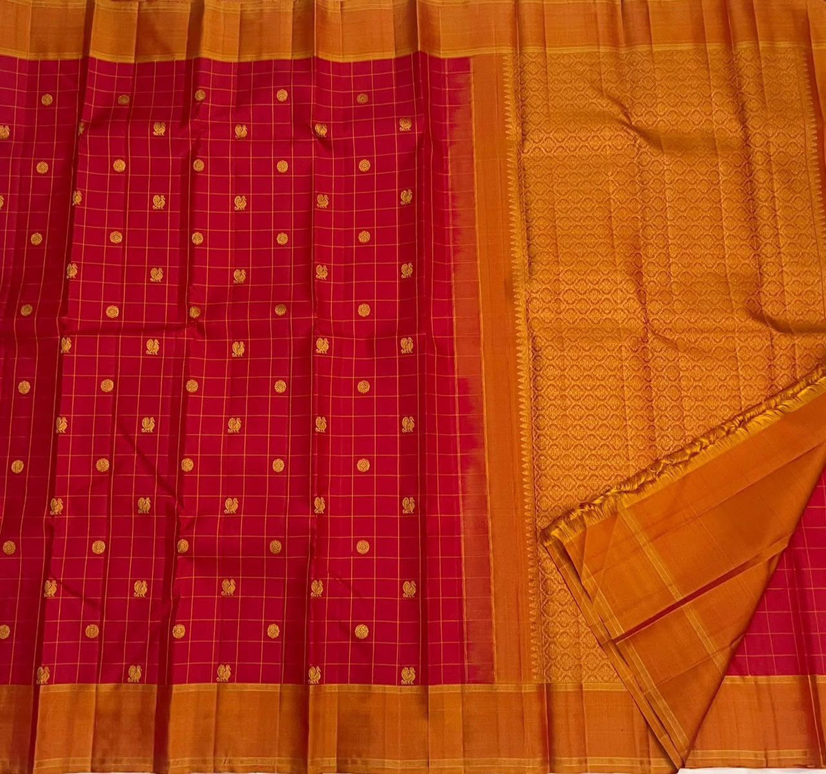 Crimson Red Handwoven Pure Silk Kanchipuram Zari Kattam Saree with Burnished Orange Gold Zari Pallu