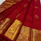 Crimson Red Handwoven Pure Silk Kanchipuram Saree with Ornate Zari Buttas and Gold Border – front full drape view