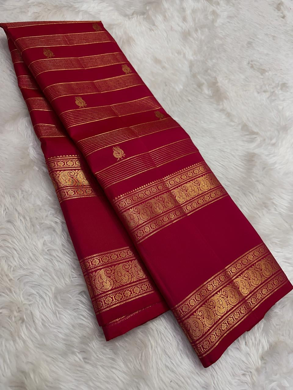 Crimson red Kanchipuram silk saree with Rettapet zari stripes and Maanga butta — Idam Living