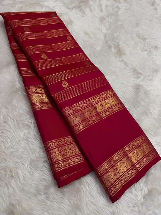 Crimson red Kanchipuram silk saree with Rettapet zari stripes and Maanga butta — Idam Living