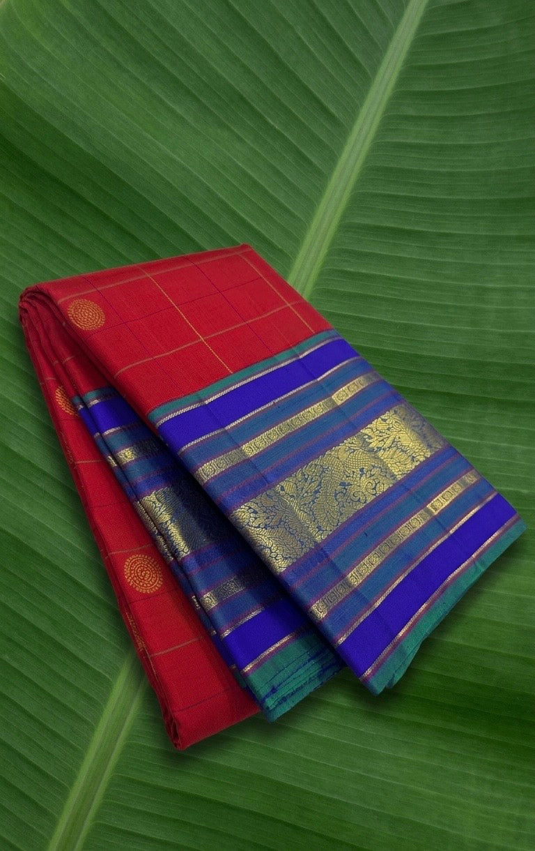 Crimson red Kanchipuram silk saree royal violet varisaipet korvai mayil chakram butta Idam Living