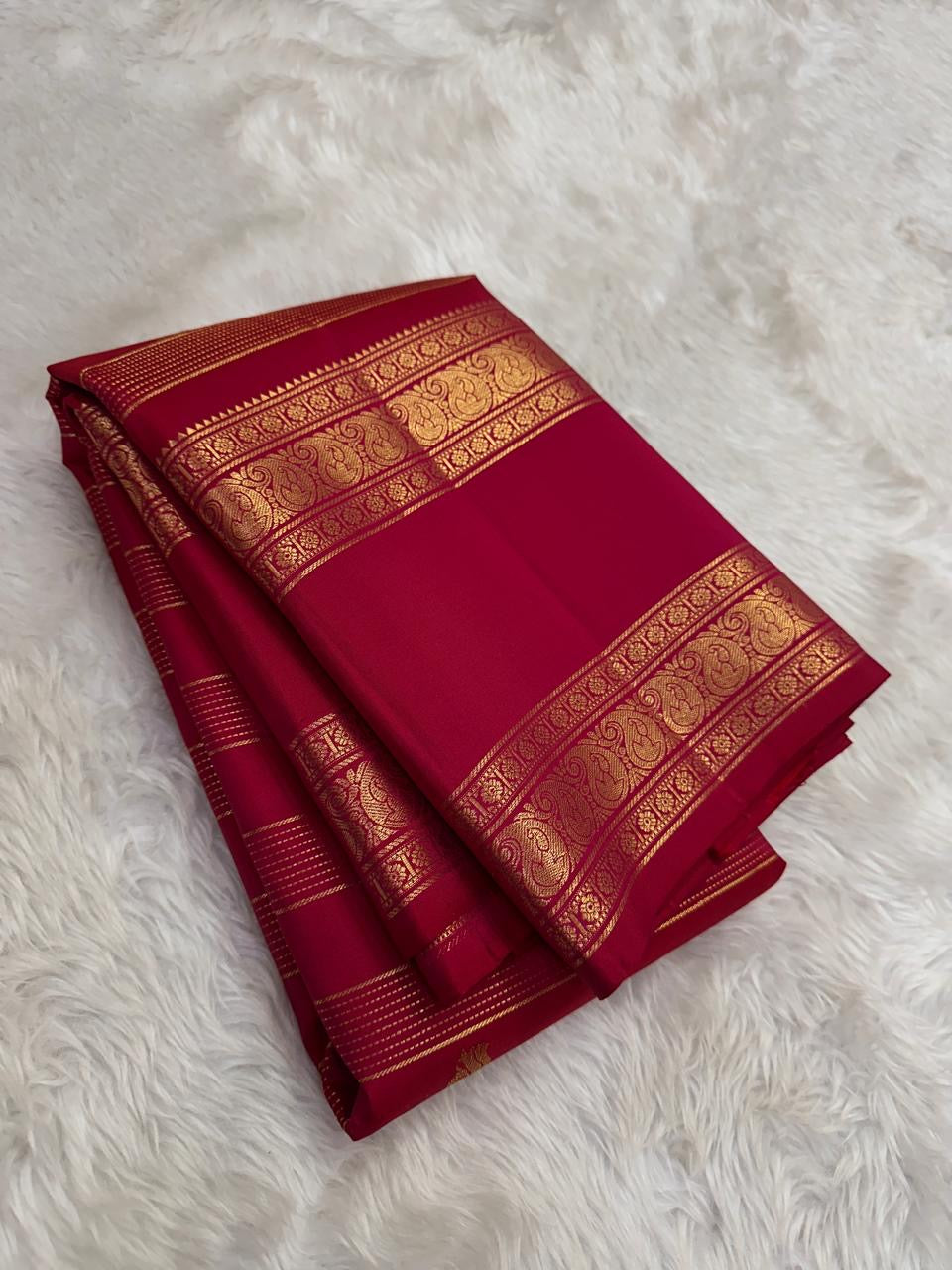 Crimson red Kanjeevaram saree with Rettapet zari stripes and gold border — Idam Living