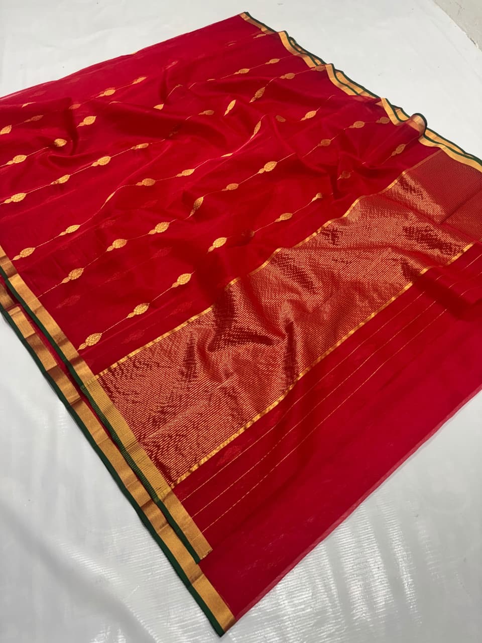 Crimson-red Katan Silk Chanderi saree with gold-toned woven details