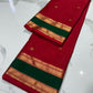 Crimson red Katan Silk Chanderi saree with gold buttas and a forest green gold zari border