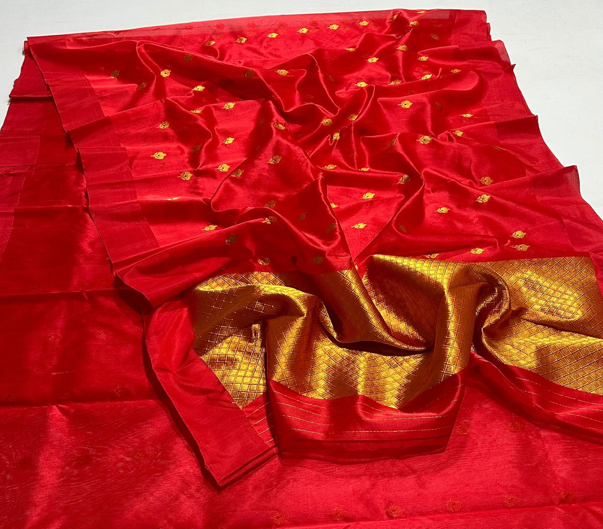 Crimson-red Pattu Silk Chanderi with silver floral weaving