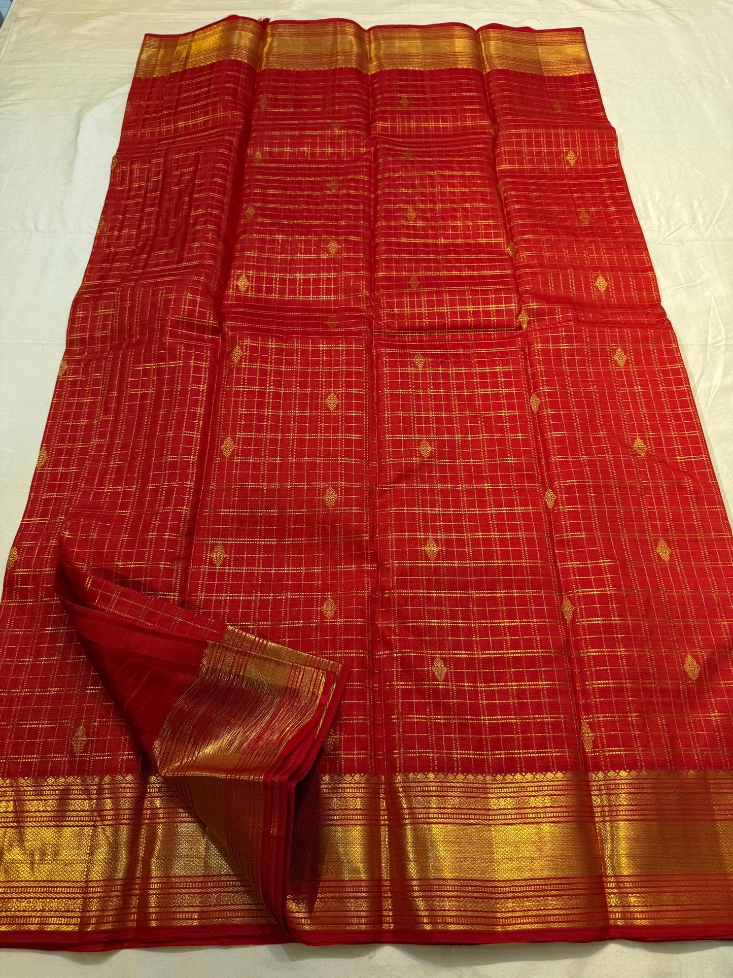 Rich gold zari pallu on crimson red pure silk Kanchipuram saree — Idam Living