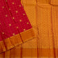 Crimson Red Handwoven Pure Silk Kanchipuram Zari Kattam Saree with Burnished Orange Gold Zari Pallu