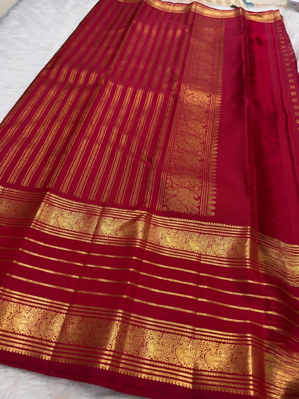 Dense gold zari pallu with repeating geometric field on saturated Vermilion Pinkish Red silk