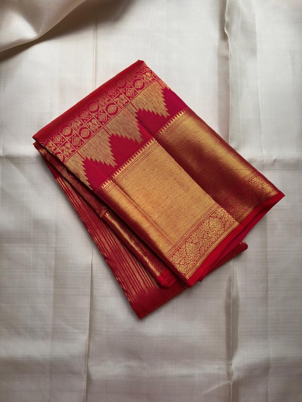 Crimson Red Handwoven Pure Silk Kanjipuram Saree with Vairaoosi and Gold Zari Border