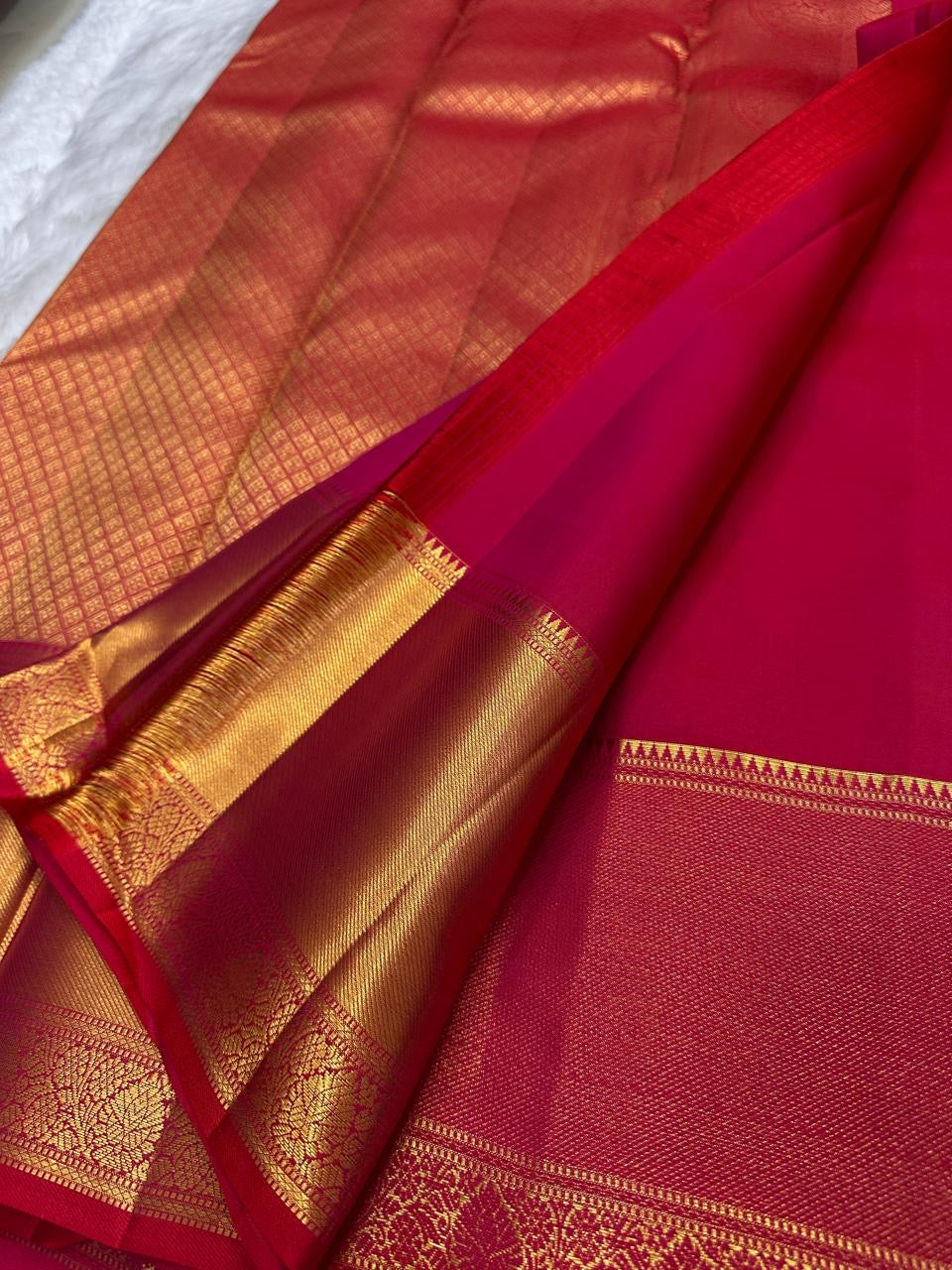 Crimson Red Handwoven Pure Silk Kanjipuram Saree with Vairaoosi and Gold Zari Border