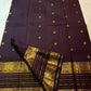 Deep Kanchana Brown handwoven pure silk saree with small gold zari buttas and traditional bird panels.