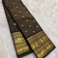 Dark Brown handwoven Pure Silk Kanchipuram saree showing the full body and contrast zari border.