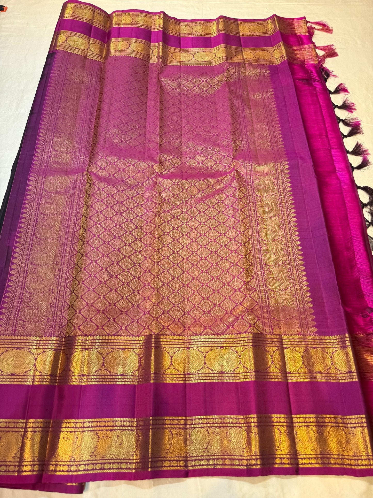 Magenta border with dense gold zari panels on dark charcoal zari kattam Kanchipuram silk saree — Idam Living